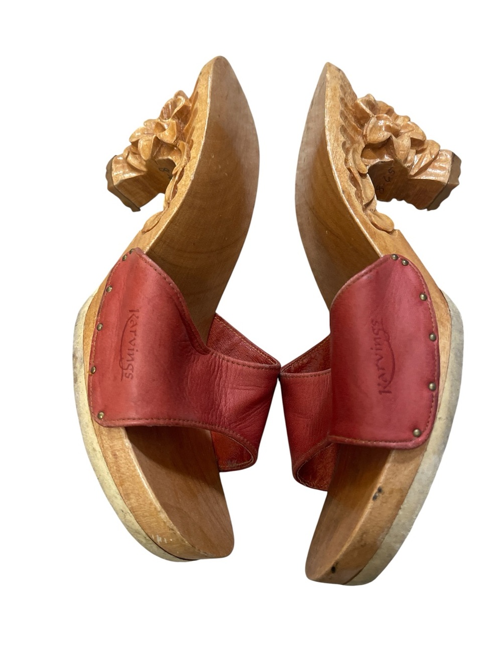 Vtg 70s Boho Rust Leather Floral Carved Wooden-Heel Slide Open Toe Sandals - Picture 4 of 6